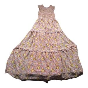 MELLODAY Smocked Floral Maxi Dress Pink Yellow Tiered Sleeveless Women M‎